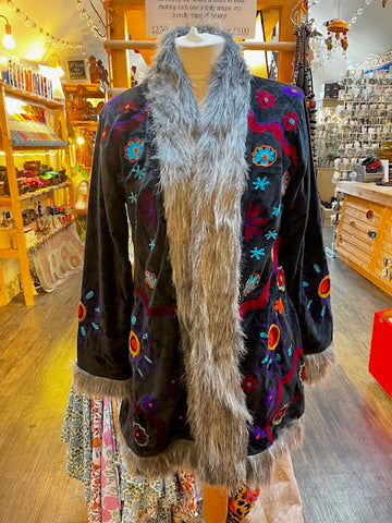 LONG VELVET EMBROIDERED FAUX FUR COAT