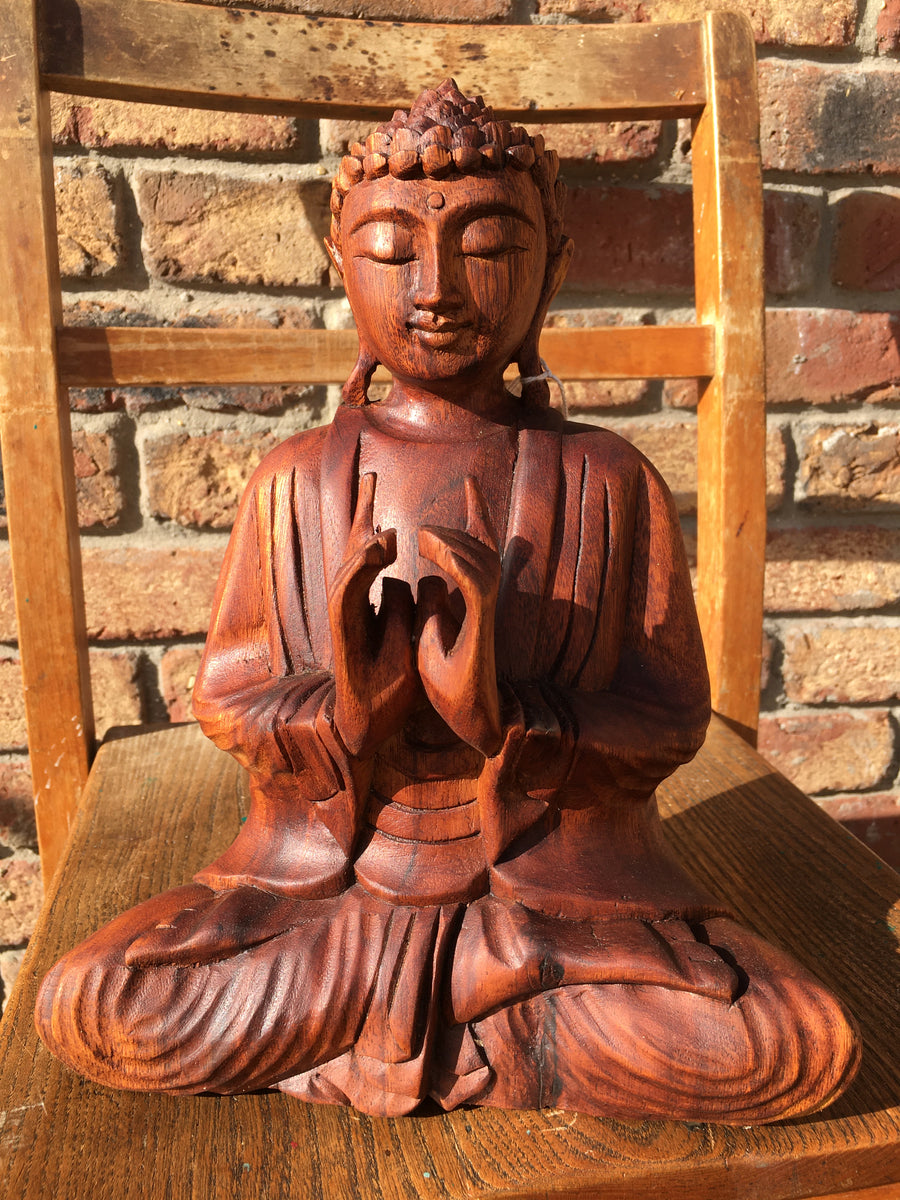 WOODEN MEDITATING BUDDHA STATUE Figure FAIRTRADE Praying 25cm C We