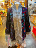 LONG VELVET EMBROIDERED FAUX FUR COAT