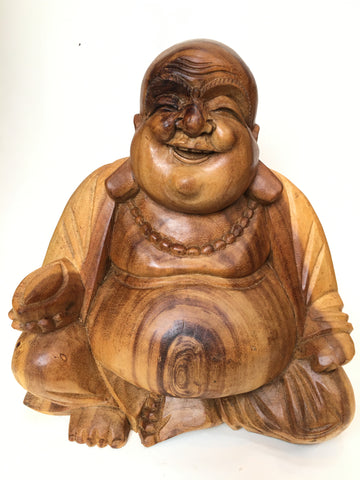 WOODEN HAPPY BUDDHA STATUE Figure 30 cm D