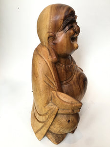 WOODEN HAPPY BUDDHA STATUE Figure 30 cm D