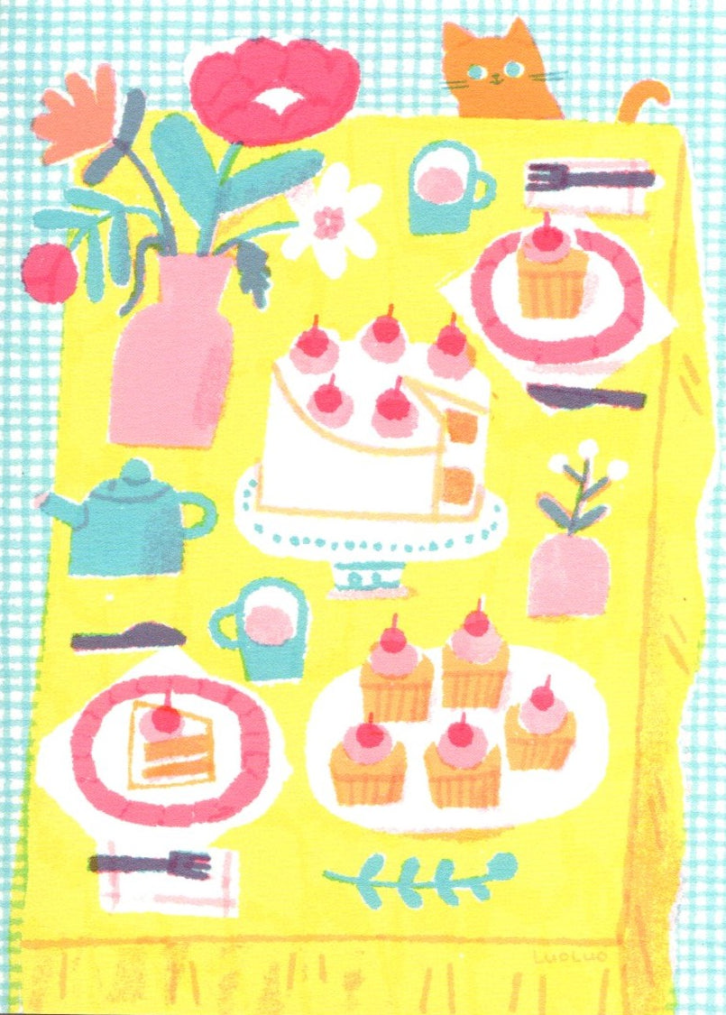GREETING CARD Cat Tea Party BIRTHDAY PRINTER JOHNSON