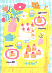 GREETING CARD Cat Tea Party BIRTHDAY PRINTER JOHNSON