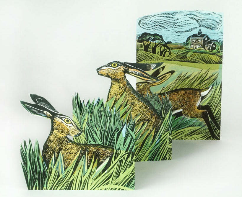 ANGELA HARDING 3D DIE CUT GREETING CARD Hares & Open Fields