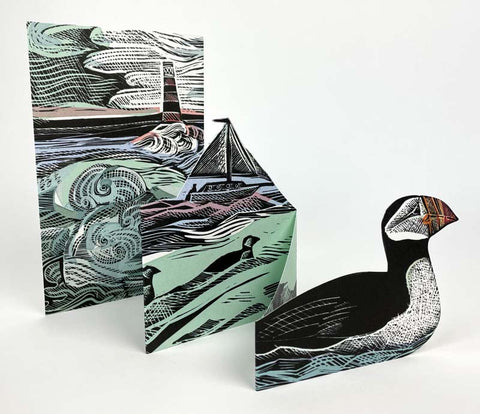 ANGELA HARDING 3D DIE CUT GREETING CARD Puffins at Coquet Island