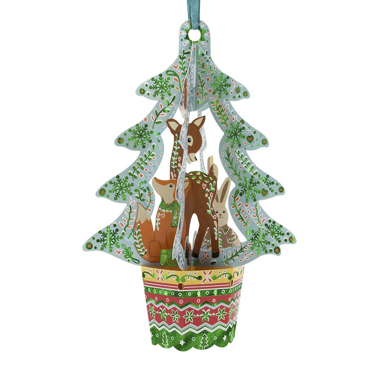 3D POP UP BAUBLE YULE CHRISTMAS GREETING CARD Christmas Tree, Woodland Animals SANTORO