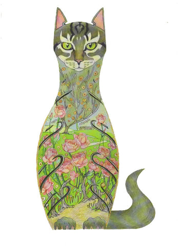 PAGAN WICCAN FINE ART GREETING CARDS Cat in Rose Garden DM COLLECTION