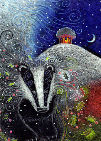 YULE CHRISTMAS GREETING CARD Yule Badger HANNAH WILLOW