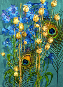 FINE ART GREETING CARD Feathers & Delphiniums GEORGIA COX