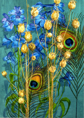 FINE ART GREETING CARD Feathers & Delphiniums GEORGIA COX