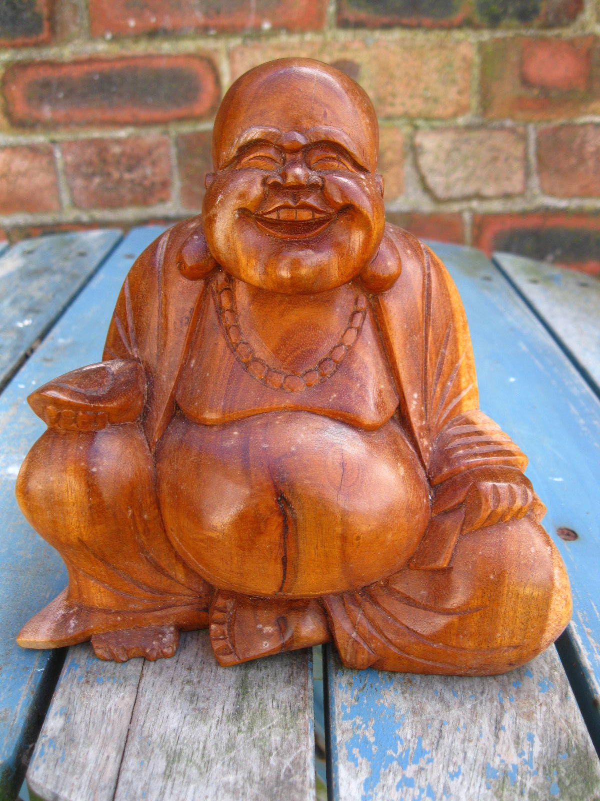 WOODEN HAPPY BUDDHA STATUE Figure 15 cm