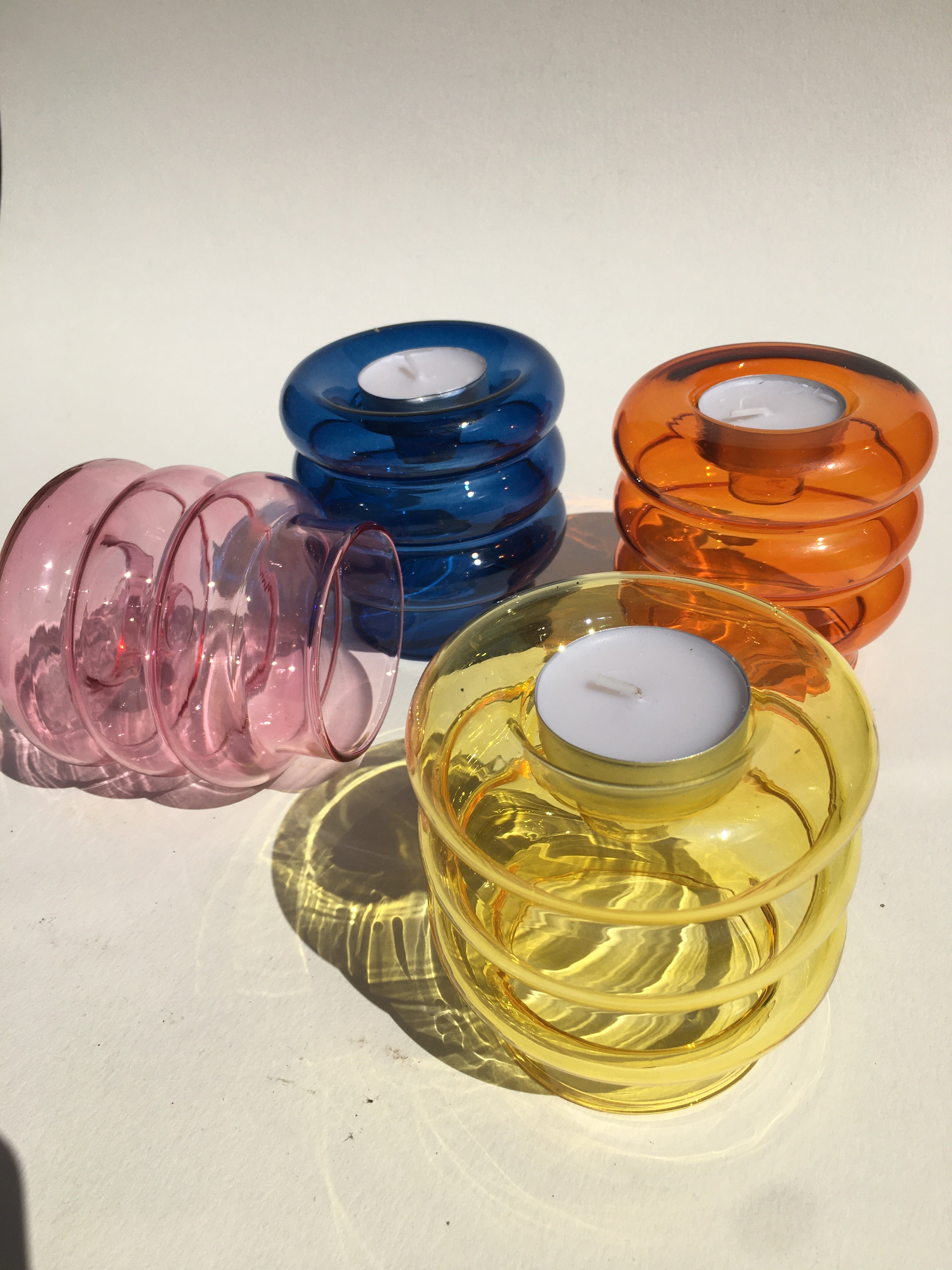 NORDIC STYLE COLOURED GLASS CANDLESTICK, TEALIGHT HOLDERS