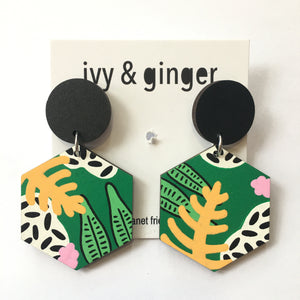 IVY & GINGER EARRINGS Tropical Leaf Hexagon
