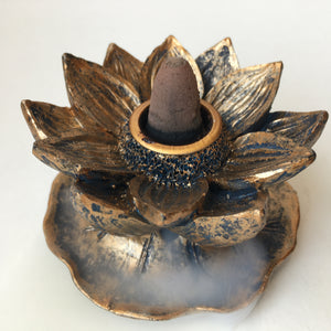 BACKFLOW INCENSE CONE BURNER/HOLDER Bronze Lotus Flower
