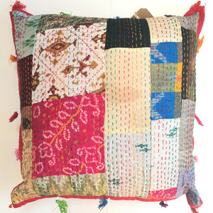 LARGE RECYCLED SARI PATCHWORK CUSHIONS WITH TASSELS