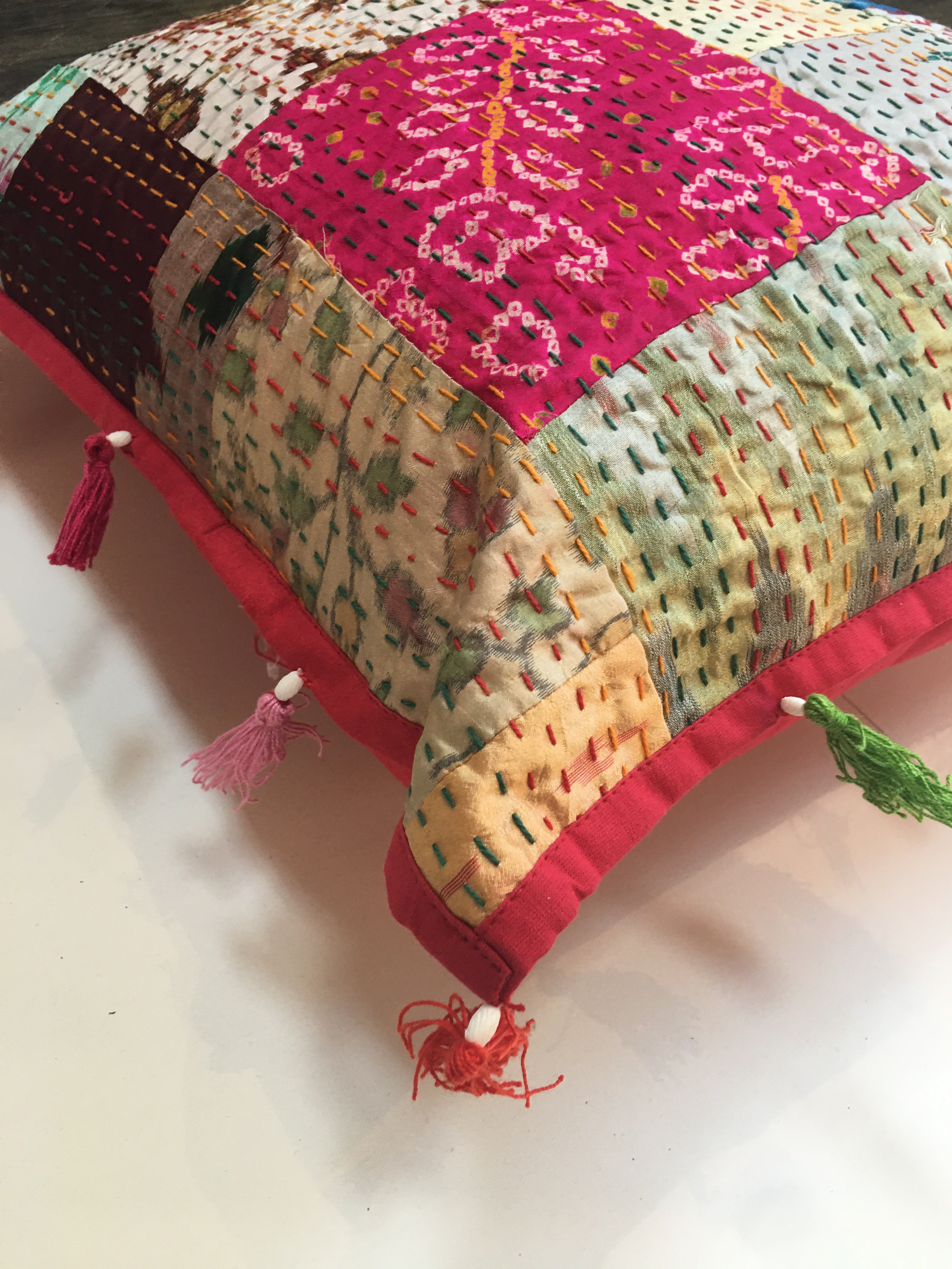 LARGE RECYCLED SARI PATCHWORK CUSHIONS WITH TASSELS