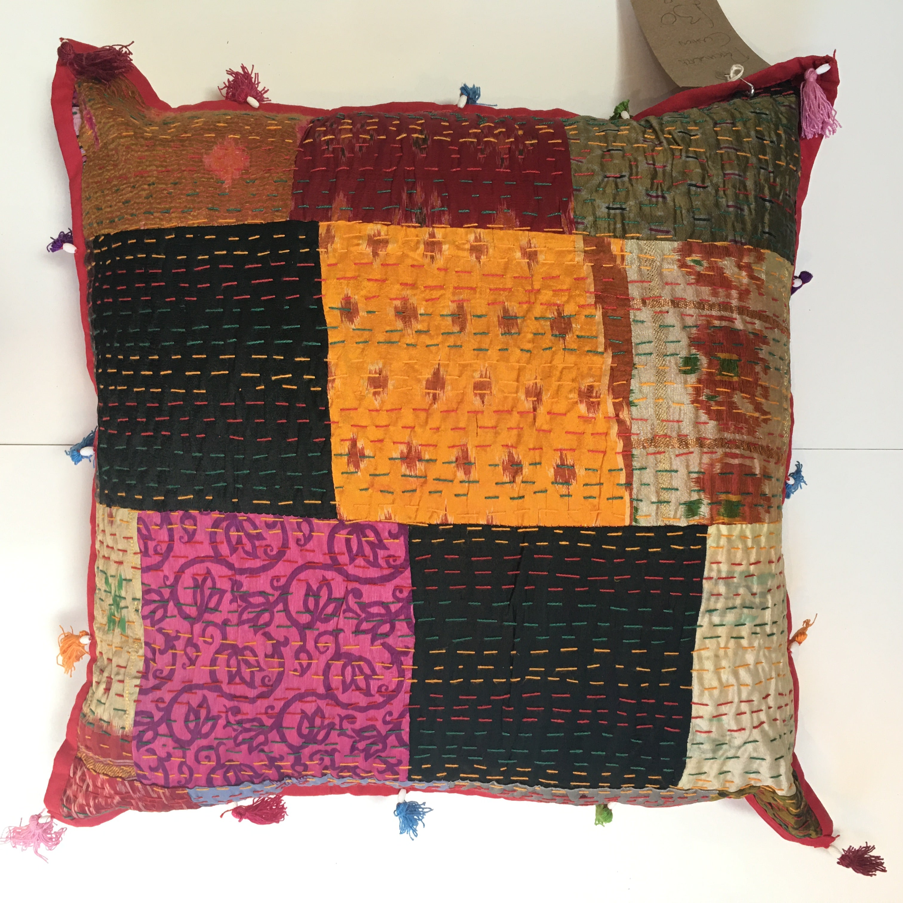 LARGE RECYCLED SARI PATCHWORK CUSHIONS WITH TASSELS