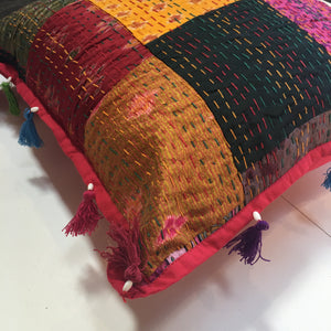 LARGE RECYCLED SARI PATCHWORK CUSHIONS WITH TASSELS