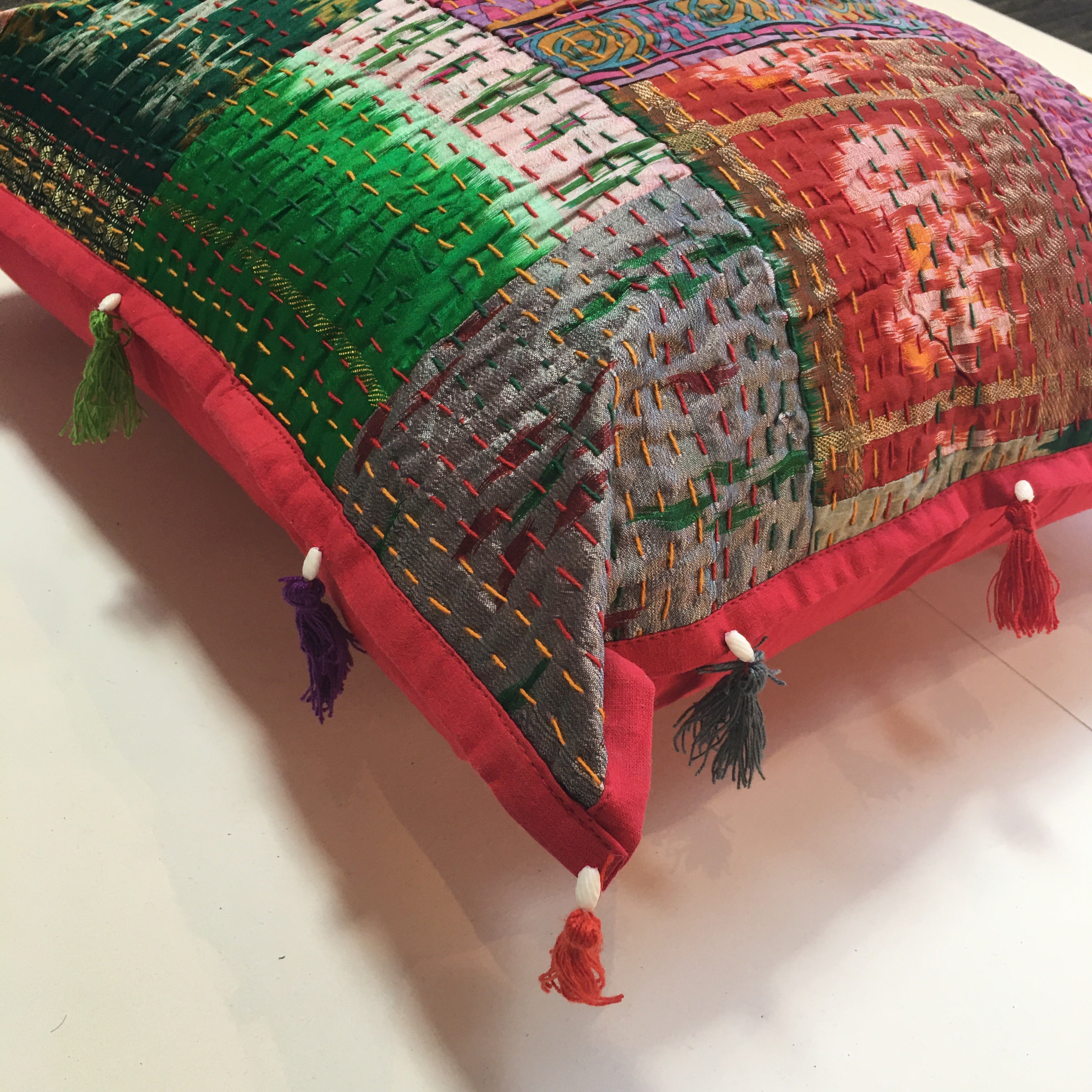 LARGE RECYCLED SARI PATCHWORK CUSHIONS WITH TASSELS