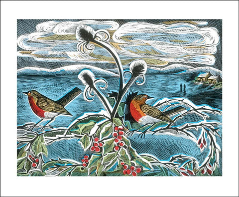 YULE CHRISTMAS GREETING CARD Robins & Teasels ANGELA HARDING