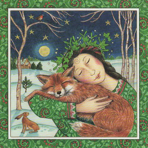 YULE XMAS GREETING CARD Starry Fox Hug PAGAN SOLSTICE WENDY ANDREW