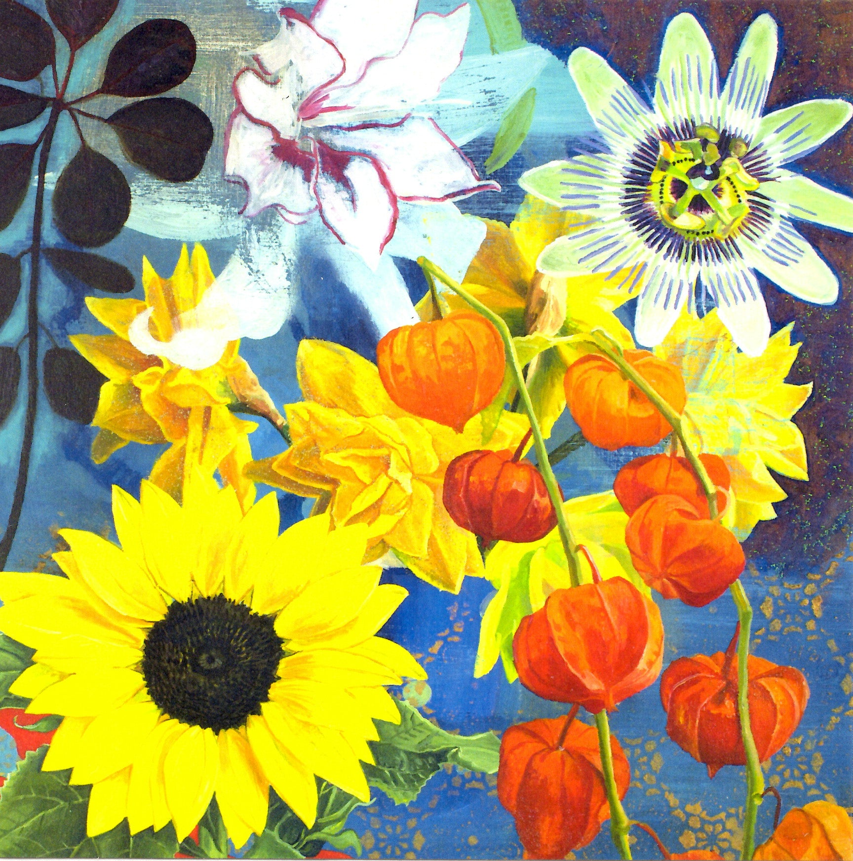 FINE ART GREETING CARD Sunflowers  & Physalis GEORGIA COX