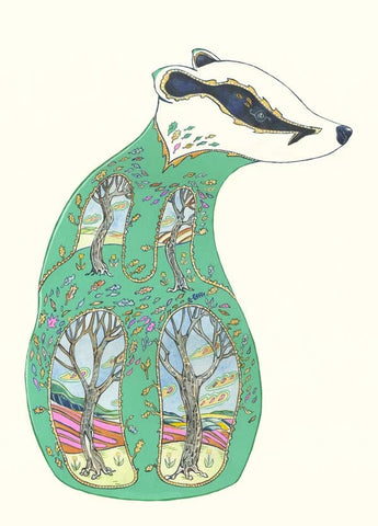 PAGAN WICCAN FINE ART GREETING CARDS Green Badger BIRTHDAY Animal BLANK DM COLLECTION