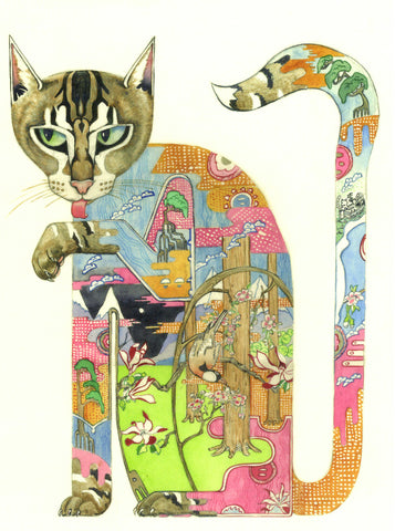 PAGAN WICCAN FINE ART GREETING CARDS Cat Licking Paw DM COLLECTION