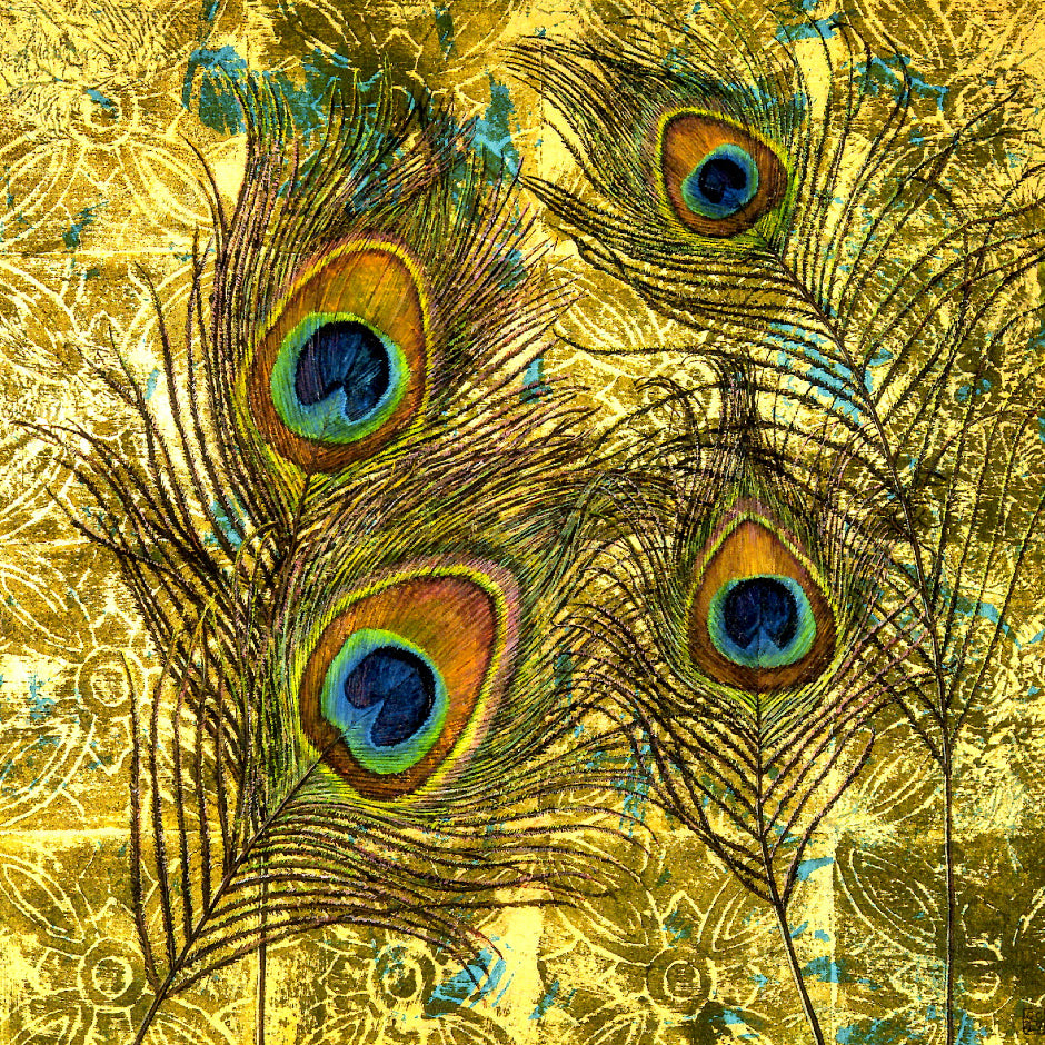 FINE ART GREETING CARD Peacock Feathers on Gold GEORGIA COX