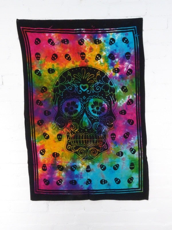 INDIAN TIE DYE WALL HANGING, TAPESTRY Skull