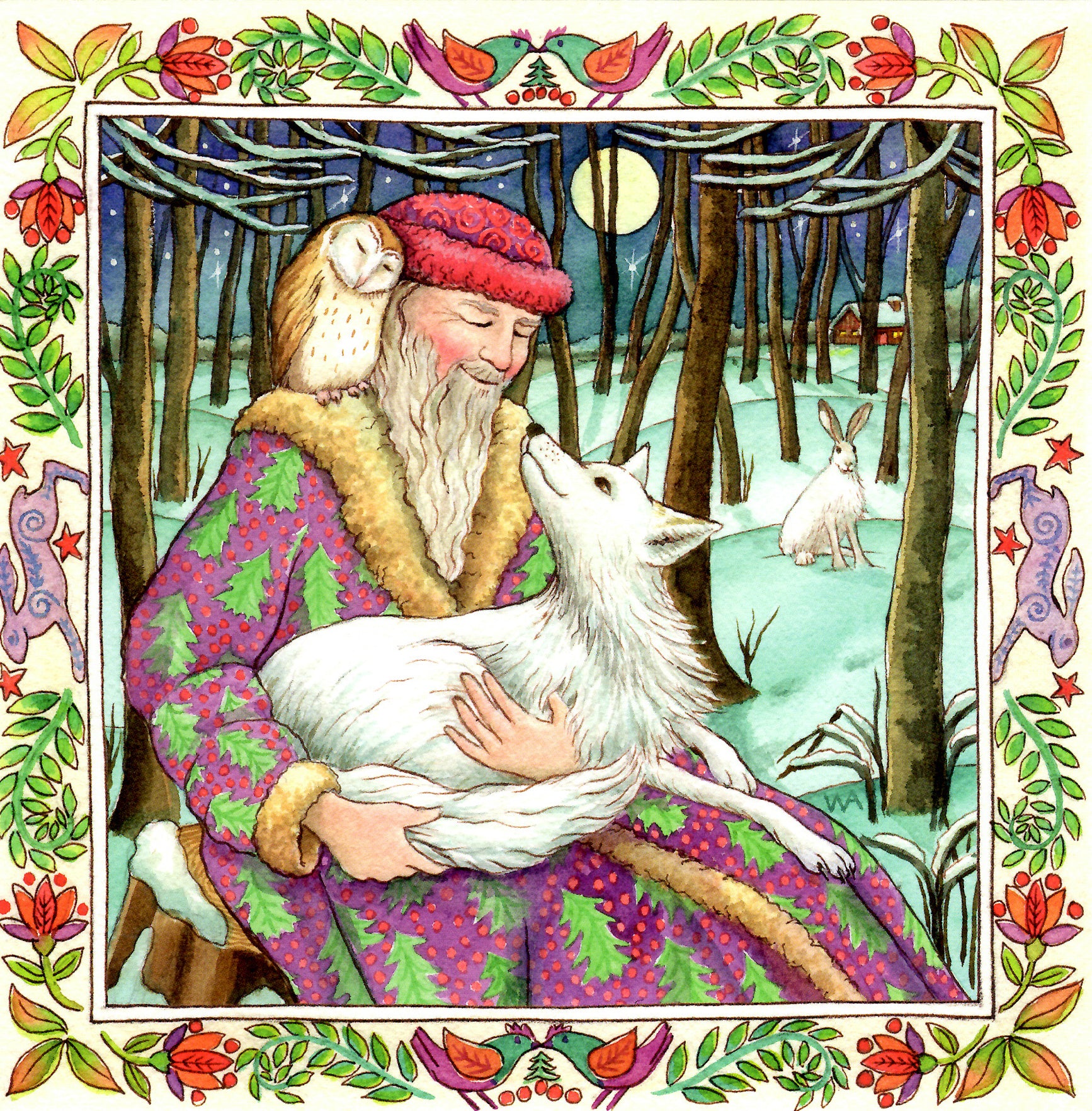 YULE XMAS GREETING CARD Yule Forest Secrets PAGAN SOLSTICE Hare WENDY ANDREW